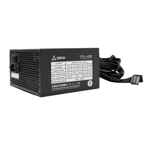 SBOX Voeding | 400W | 120 mm Fan | 140 mm Lengte | 24-pin + 4/8-pin CPU | 3× SATA | PCI-E 6-pin | Molex | Zwart Metaal | RETAIL