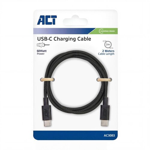 ACT AC3083 | USB 2.0 Kabel | USB-C naar USB-C | 60W | 480Mbps | Zwart | 2 Meter