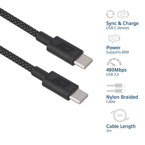 ACT AC3083 | USB 2.0 Kabel | USB-C naar USB-C | 60W | 480Mbps | Zwart | 2 Meter
