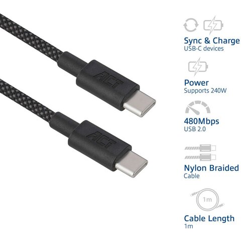ACT AC3086 | USB 2.0 Kabel | USB-C naar USB-C | 240W | 480Mbps | Zwart | 1 Meter