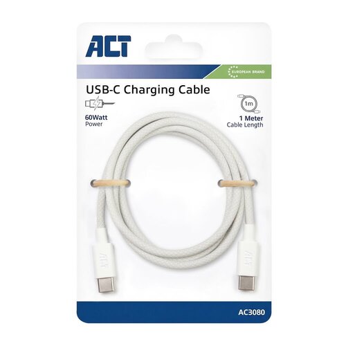 ACT AC3080 | USB 2.0 Kabel | USB-C naar USB-C | 60W | 480Mbps | Wit | 1 Meter