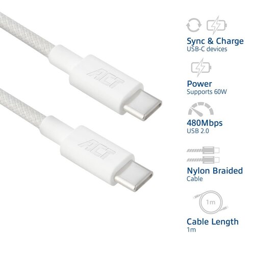 ACT AC3080 | USB 2.0 Kabel | USB-C naar USB-C | 60W | 480Mbps | Wit | 1 Meter