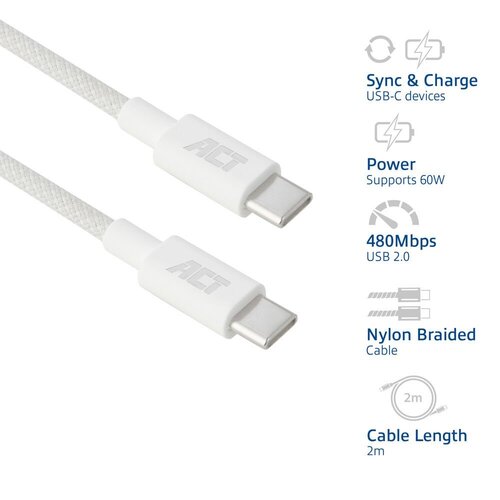 ACT AC3081 | USB 2.0 Kabel | USB-C naar USB-C | 60W | 480Mbps | Wit | 2 Meter