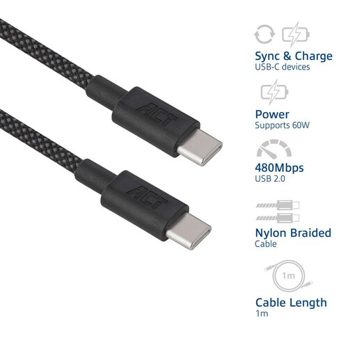 ACT AC3082 | USB 2.0 Kabel | USB-C naar USB-C | 60W | 480Mbps | Zwart | 1 Meter