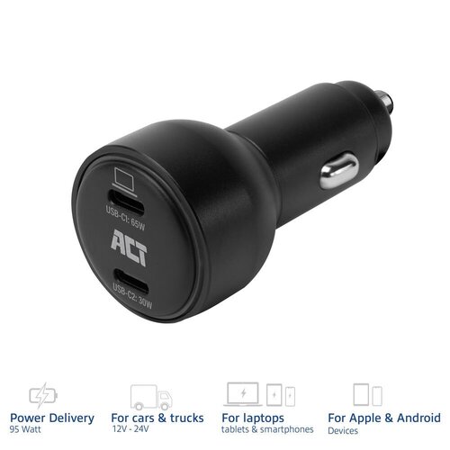 ACT AC2210 | 2 Poorts USB-C Autolader 95W | Power Delivery PPS & Quick Charge 5 | GaNFast
