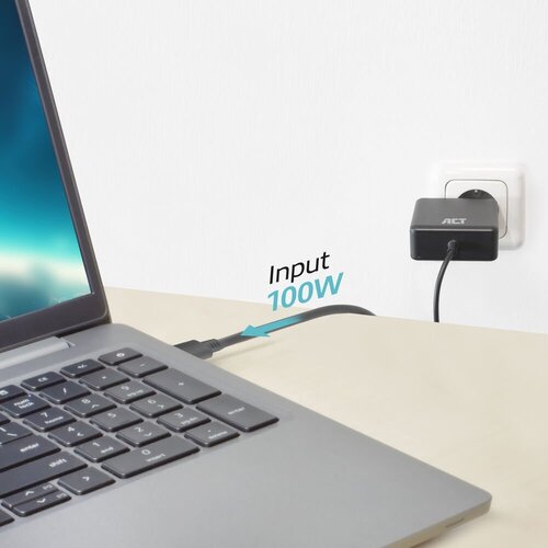 ACT AC2015 | 100W USB-C Laptoplader | Power Delivery | Vaste 2 Meter USB-C Kabel