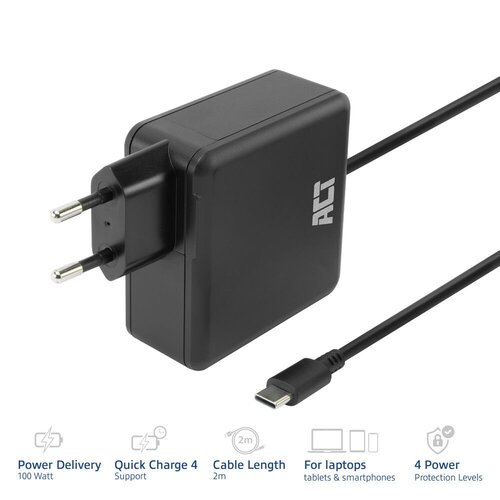 ACT AC2015 | 100W USB-C Laptoplader | Power Delivery | Vaste 2 Meter USB-C Kabel