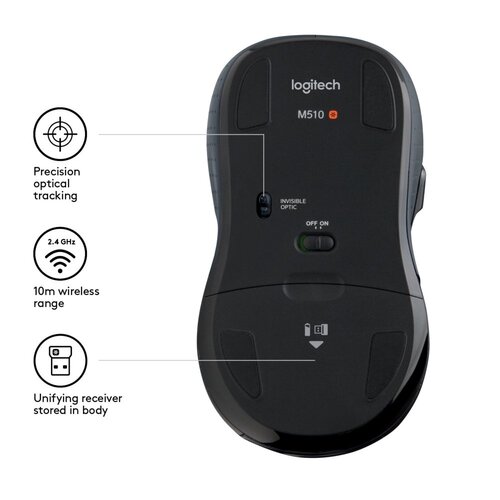 Logitech M510 | Draadloze Muis | Links- en Rechtshandig | RF | 1000 DPI | Zwart | Returned (refurbished)