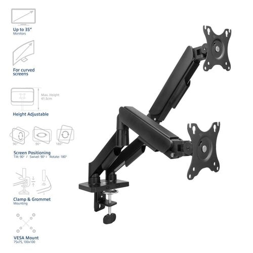 ACT AC8314 Monitorarm Essentials | Verstelbare Monitor-bureaubeugel | Tot 35" | Max 2x 9 kg | VESA 75x75 / 100x100 | 2 Monitoren | Gasveer | OPEN BOX (refurbished)
