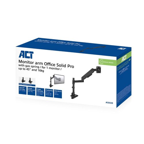 ACT AC8329 | Monitorarm tot 45" en 16kg | Gasveer | VESA 75x75 / 100x100 | Bureauklem en Doorvoermontage