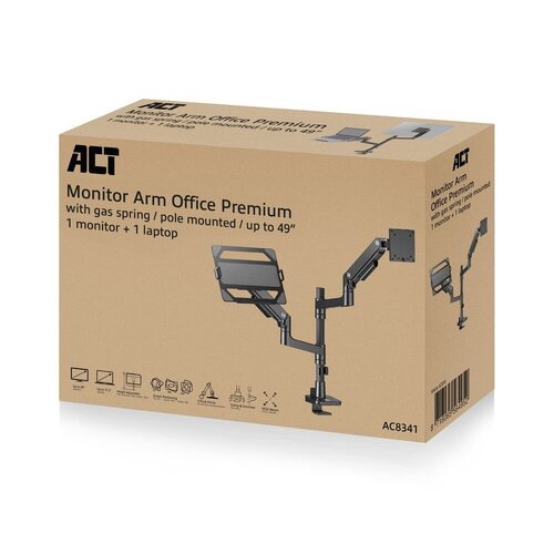 ACT AC8341 Premium | Verstelbare Monitor-bureaubeugel | Tot 49" | Max 20kg | VESA 100x100 | 1 Monitor en Laptop | OPEN BOX (refurbished)