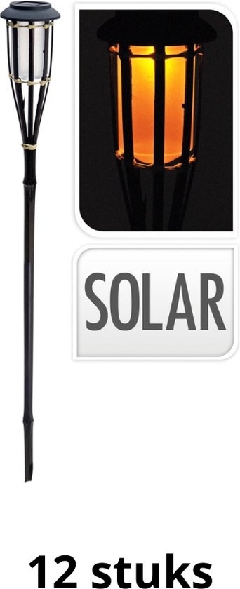 Solar bamboe fakkels met vlam effect - Milieu vriendelijk - 12 stuks - Zwart