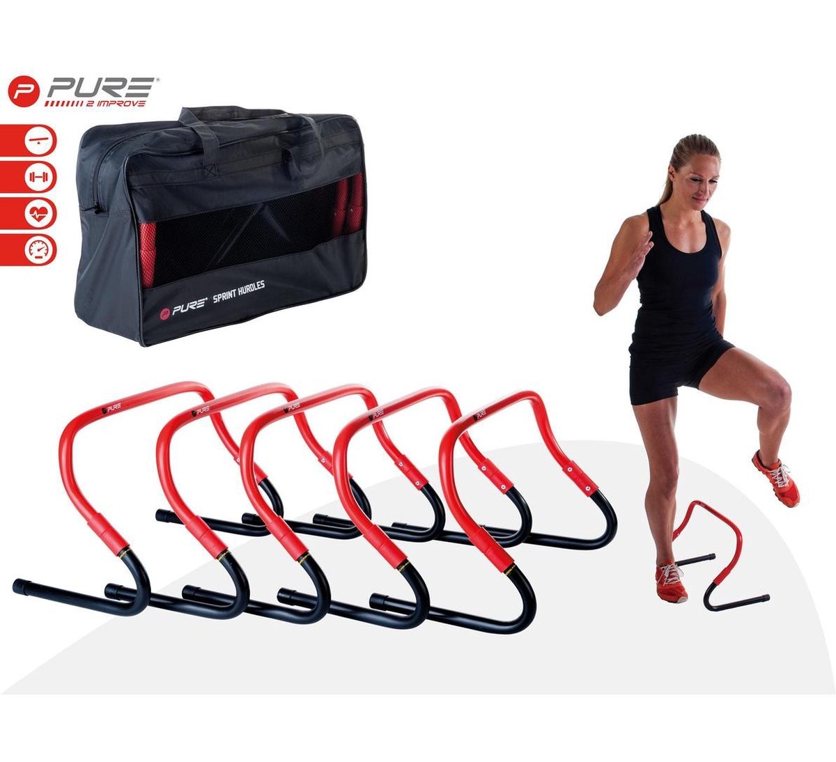 Pure2Improve Sprint Hurdles – Set van 5 – Verstelbaar 20-30 cm – Agility & Speed Training – Inclusief Draagtas – Lichtgewicht Horden