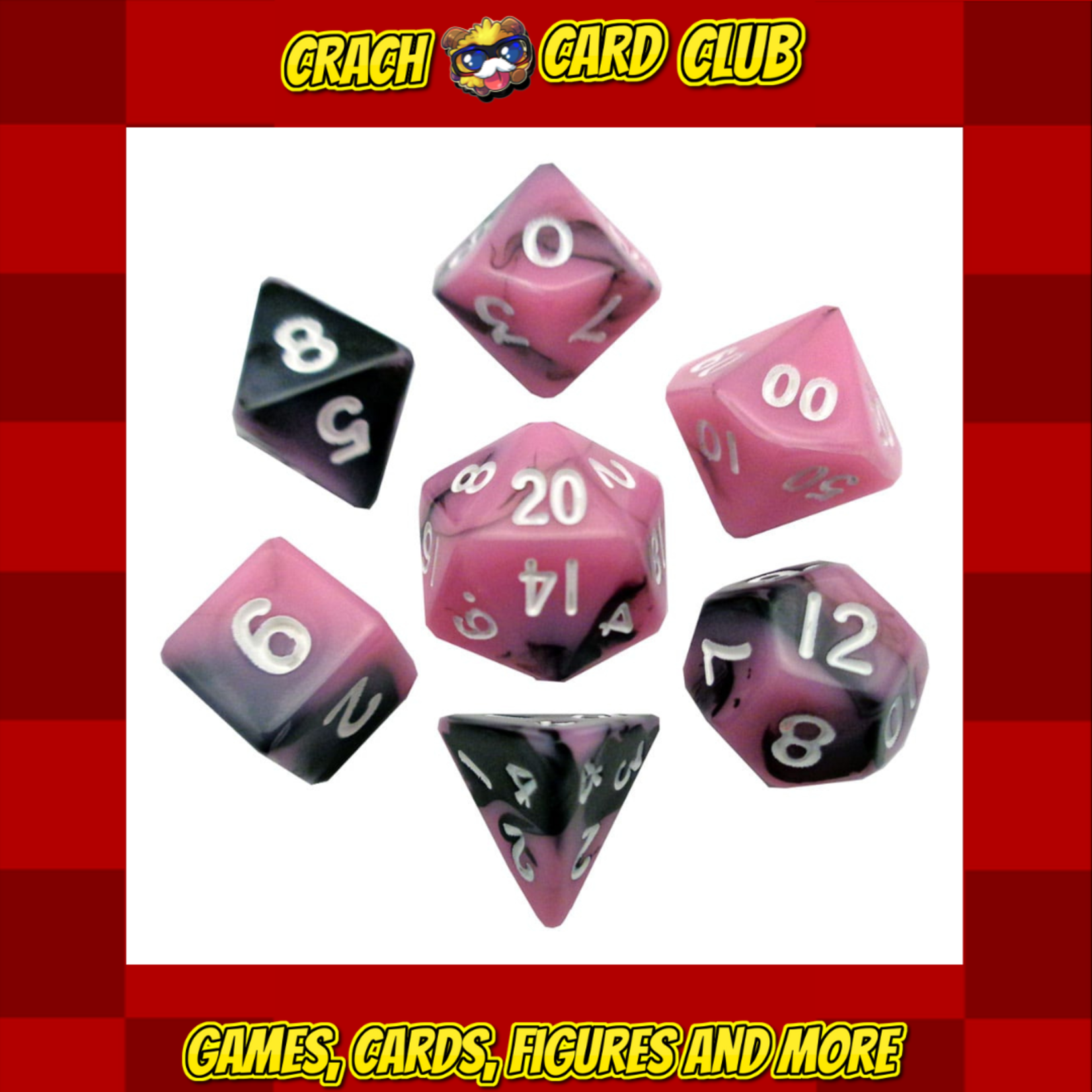 fanroll FanRoll Mini Dice Set Pink/Black with White Numbers (7)