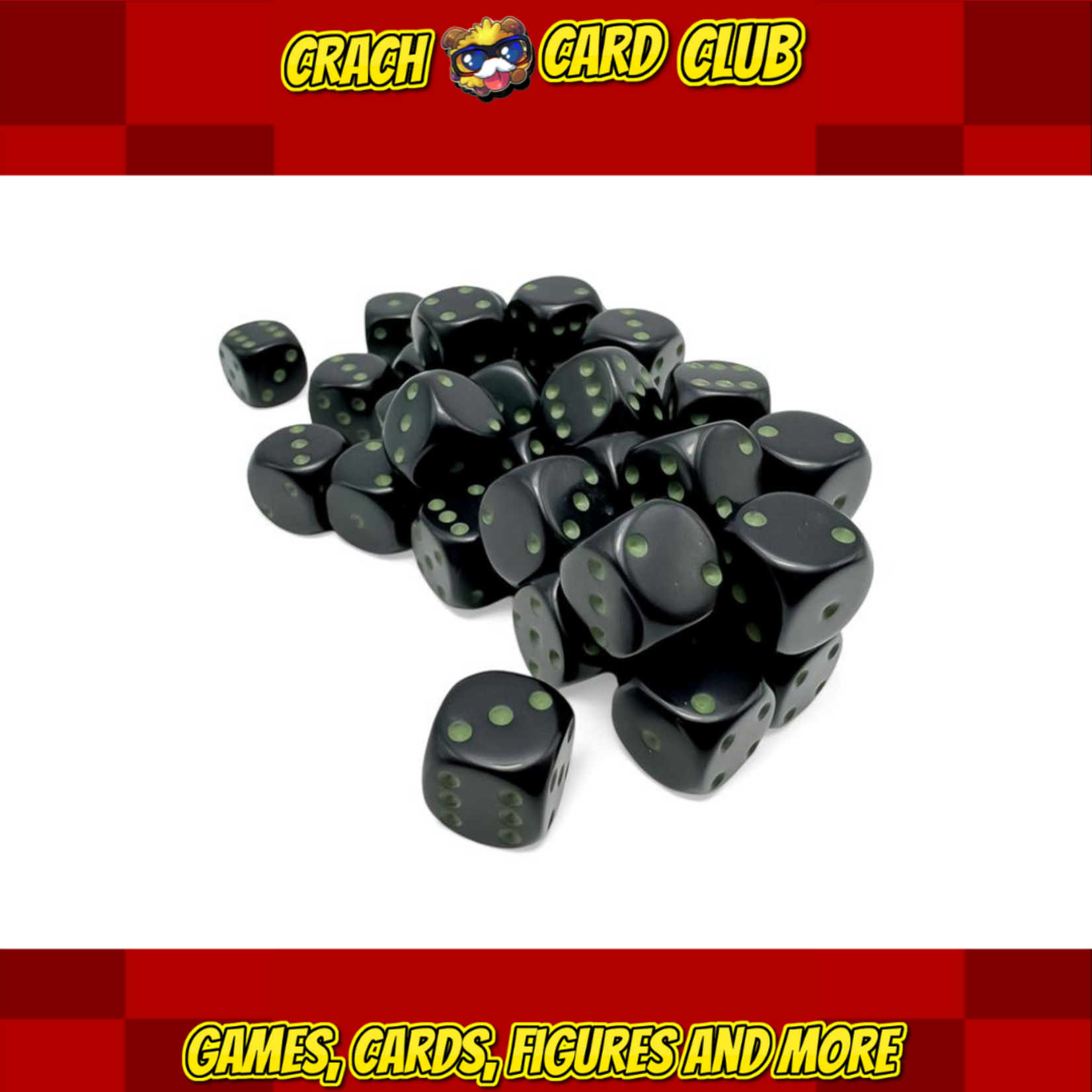 Chessex Opaque Black/green 12mm d6 Dice Block (36 dice)
