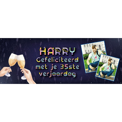 Spandoek met 2 foto's, naam en leeftijd - Proostende glazen