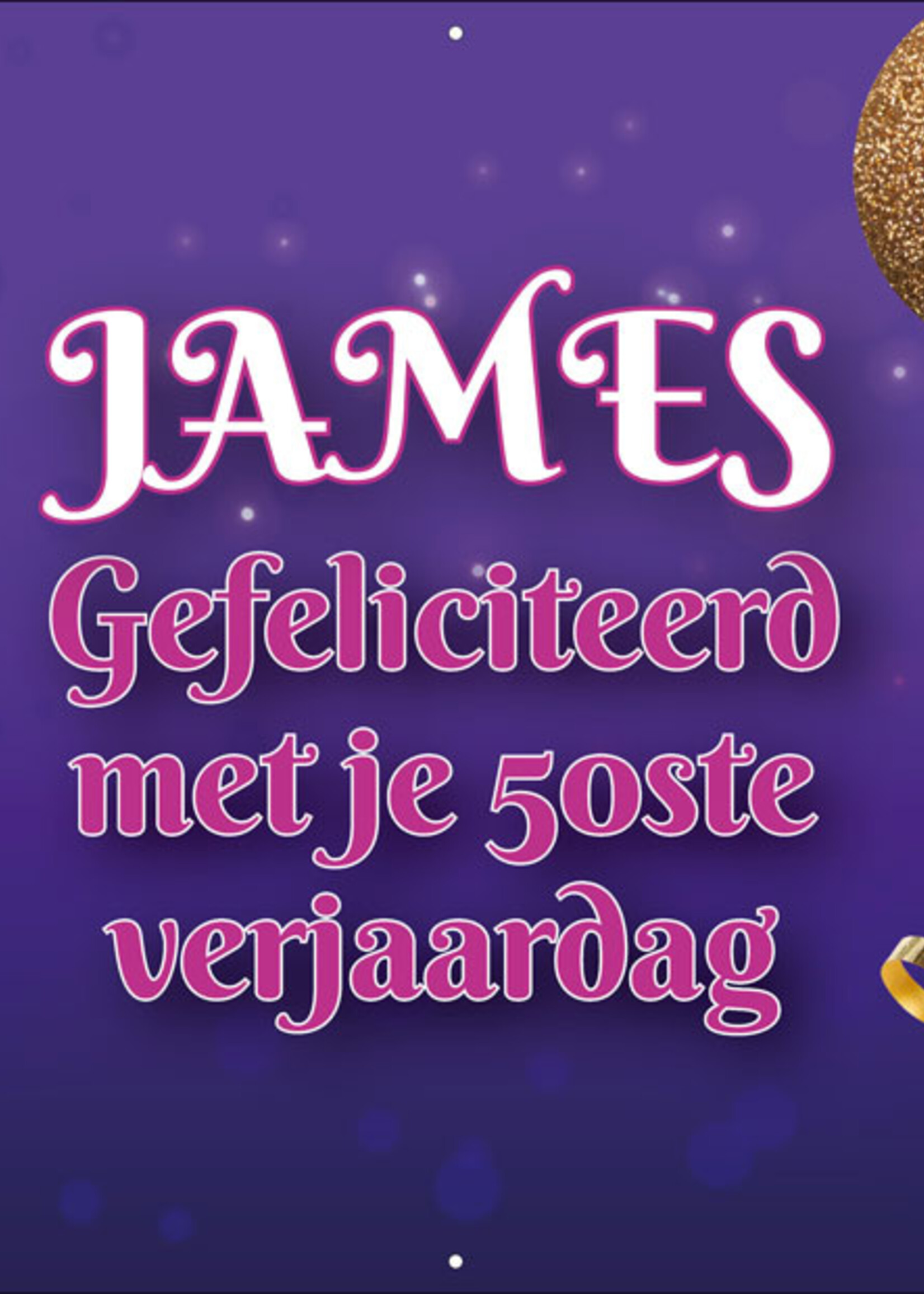 Spandoek met 2 foto's, naam en leeftijd  - Goud Champagne glas en paarse achtergrond