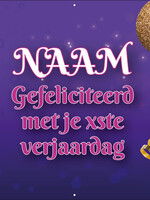 Spandoek met 2 foto's, naam en leeftijd  - Goud Champagne glas en paarse achtergrond