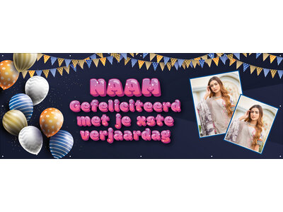 Spandoek met 2 foto's, naam en leeftijd  - Donkerblauw en gouden versiering