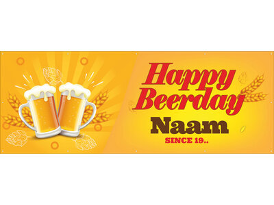 Happy Beerday - Naam - Geboortejaar  - 2 bierpullen links
