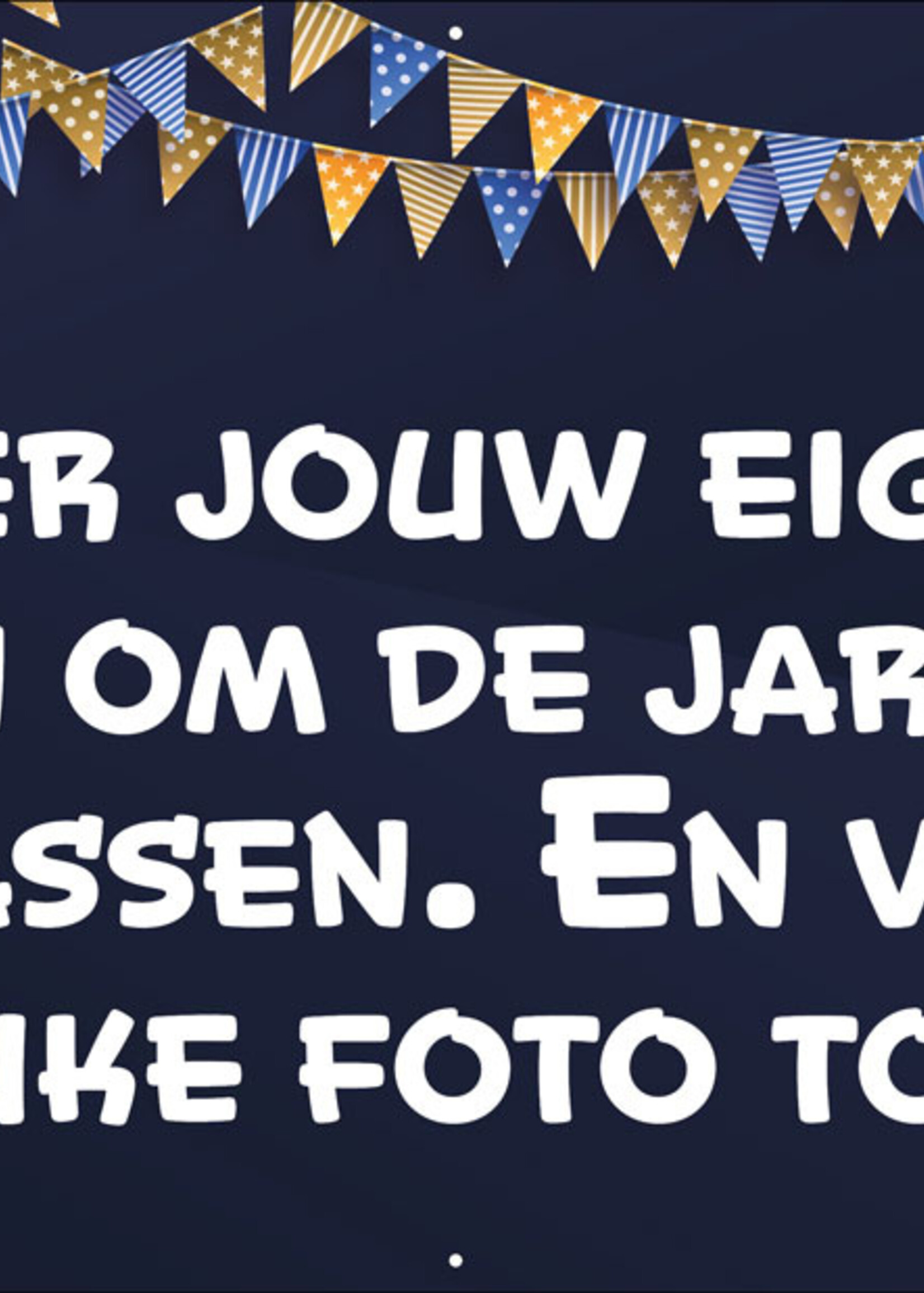 Spandoek met foto en eigen tekst  - Goud en blauwe ballonnen en slingers