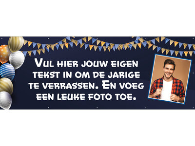 Spandoek met foto en eigen tekst - Goud en blauwe ballonnen en slingers