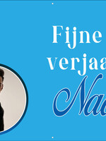 Spandoek met 2 foto's, naam en leeftijd  - Witte en blauwe bloemen