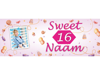 Sweet Sixteen  - Naam en 1 Foto - Roze - Sterren - Taart - Ballonnen