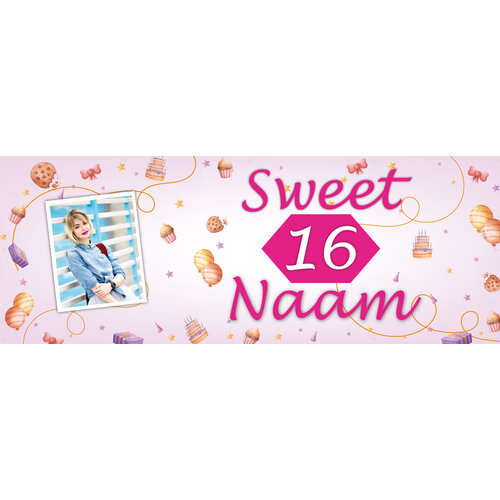 Sweet Sixteen  - Naam en 1 Foto - Roze - Sterren - Taart - Ballonnen