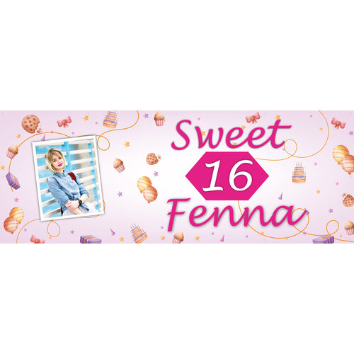 Sweet Sixteen  - Naam en 1 Foto - Roze - Sterren - Taart - Ballonnen