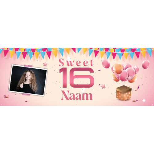 Sweet Sixteen  - Naam en 1 Foto - Roze - Slingers