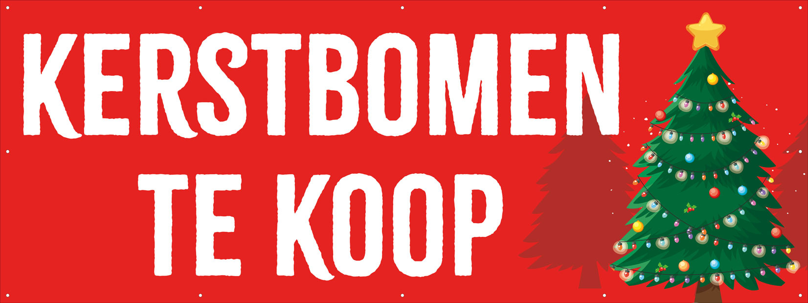 Spandoek 'Kerstbomen Te Koop Kerstboom met rode achtergrond