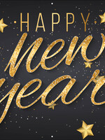 Happy New Year - Zwart met gouden sterren en ballen