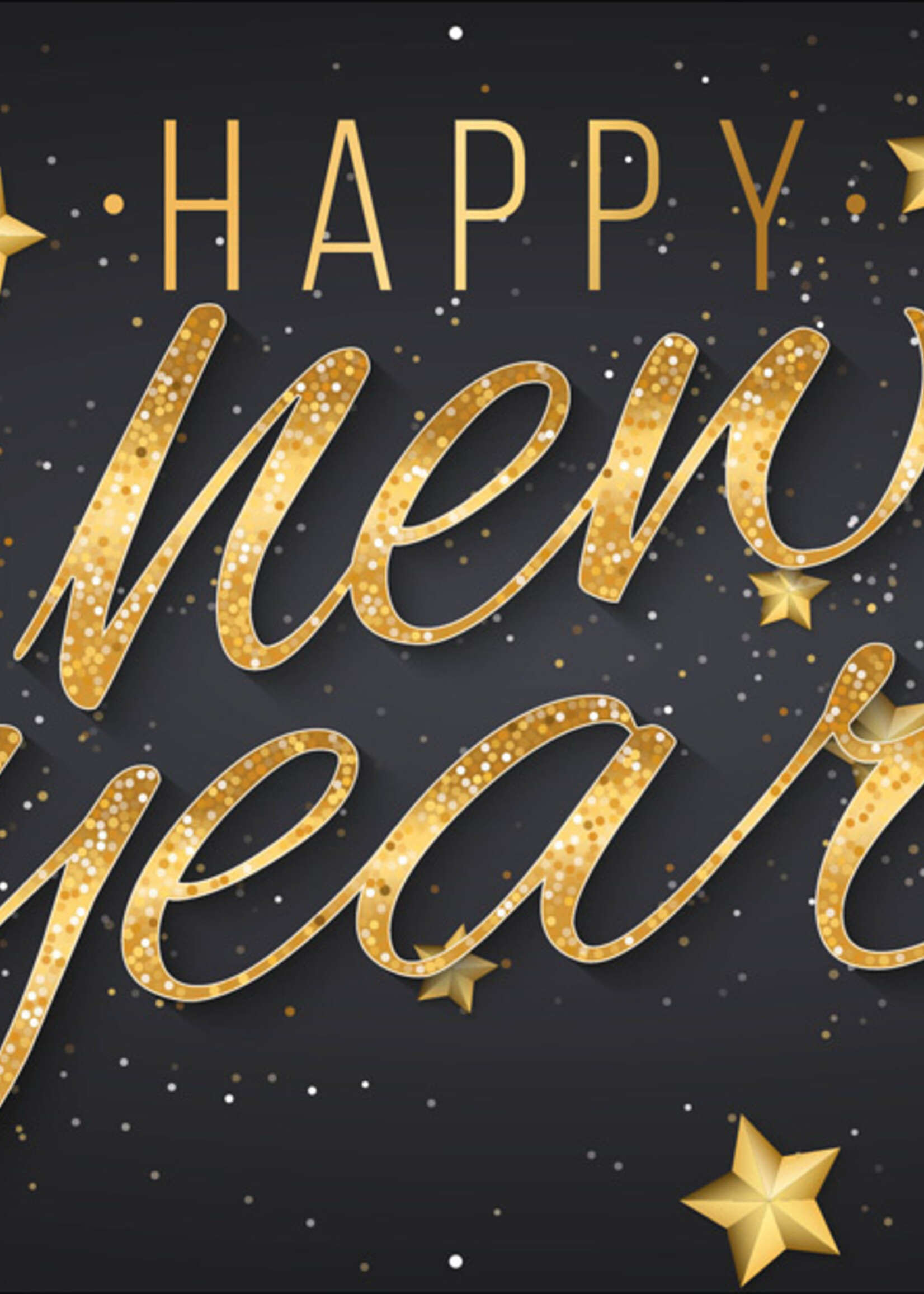 Happy New Year - Zwart met gouden sterren en ballen