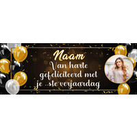 Spandoek met foto, naam en leeftijd - Zwart, wit en gouden ballonnen