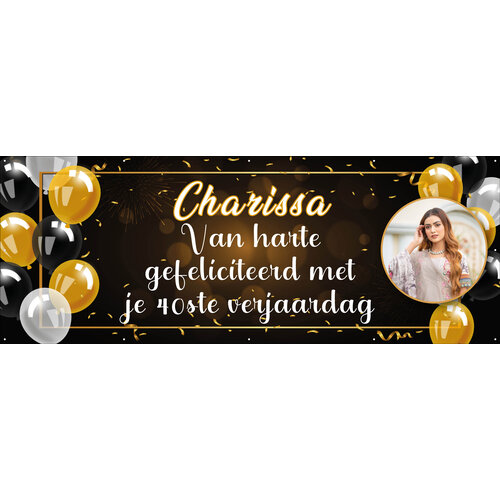 Spandoek met foto, naam en leeftijd - Zwart, wit en gouden ballonnen