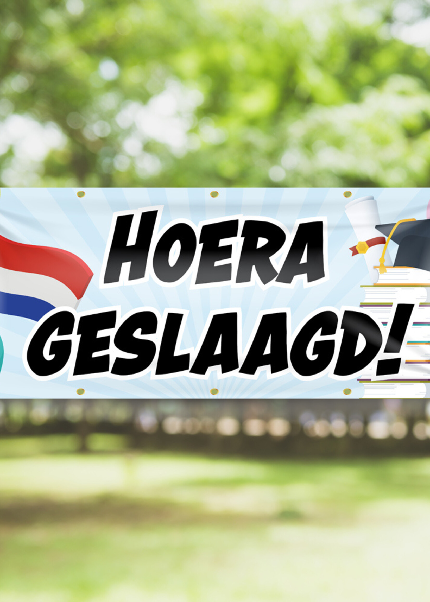 Hoera  geslaagd! - Vlag - Studieboeken - Afstudeerhoed