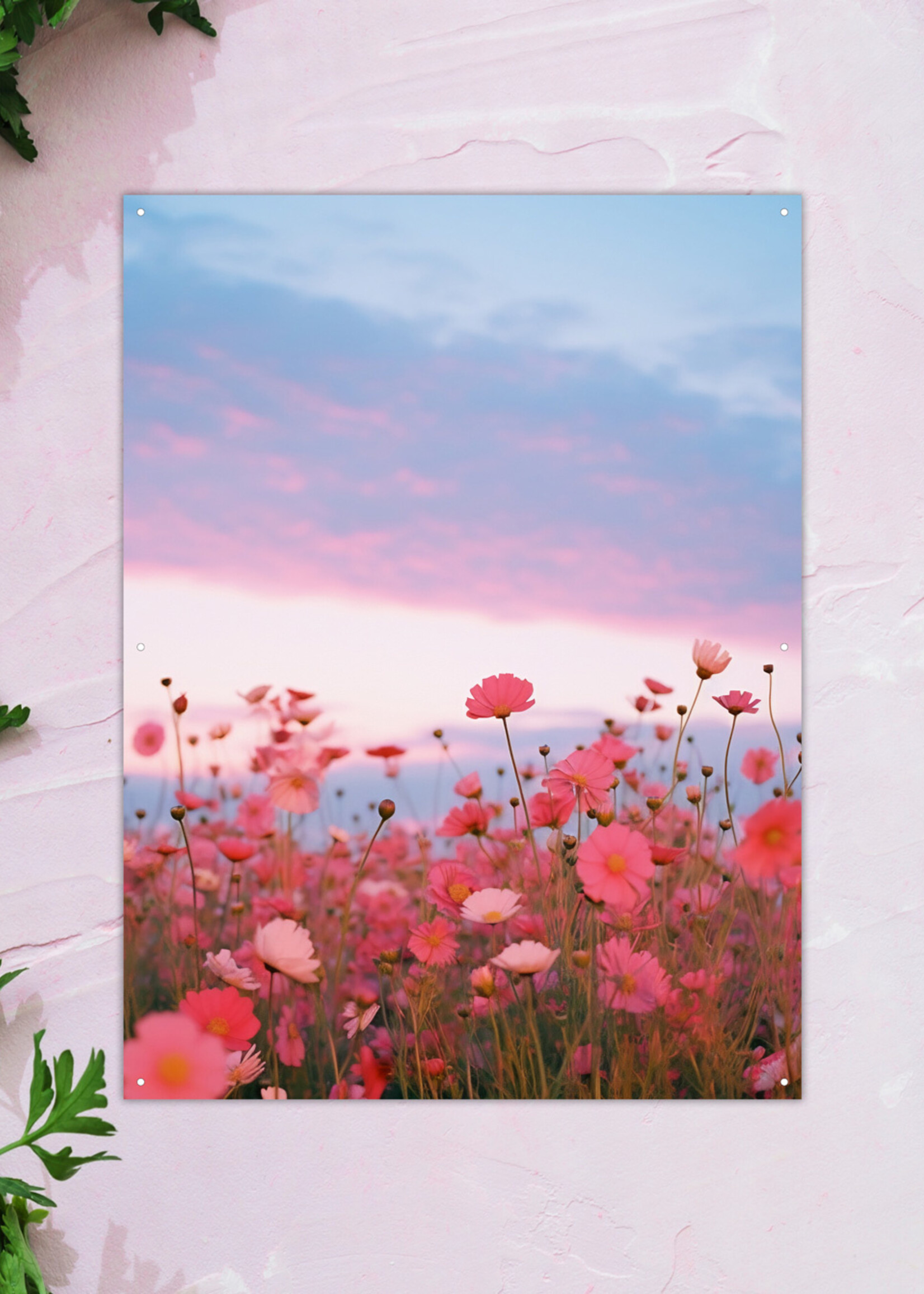 Tuinposter Bloemenveld en Zonsondergang - Verticaal - Staand