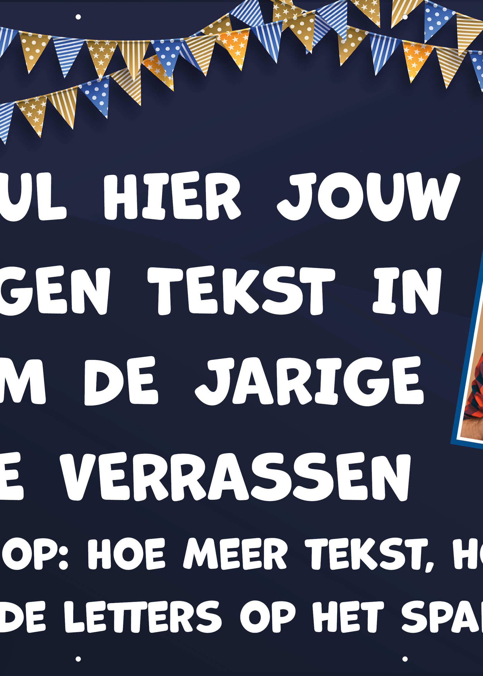 Spandoek met foto en eigen tekst  - Goud en blauwe ballonnen en slingers