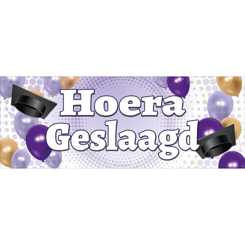 Spandoek Hoera Geslaagd - Paars - Wit – Feestelijke Versiering – Diploma Gehaald Spandoek Hoera Geslaagd - Paars - Wit – Feestelijke Versiering – Diploma Gehaald