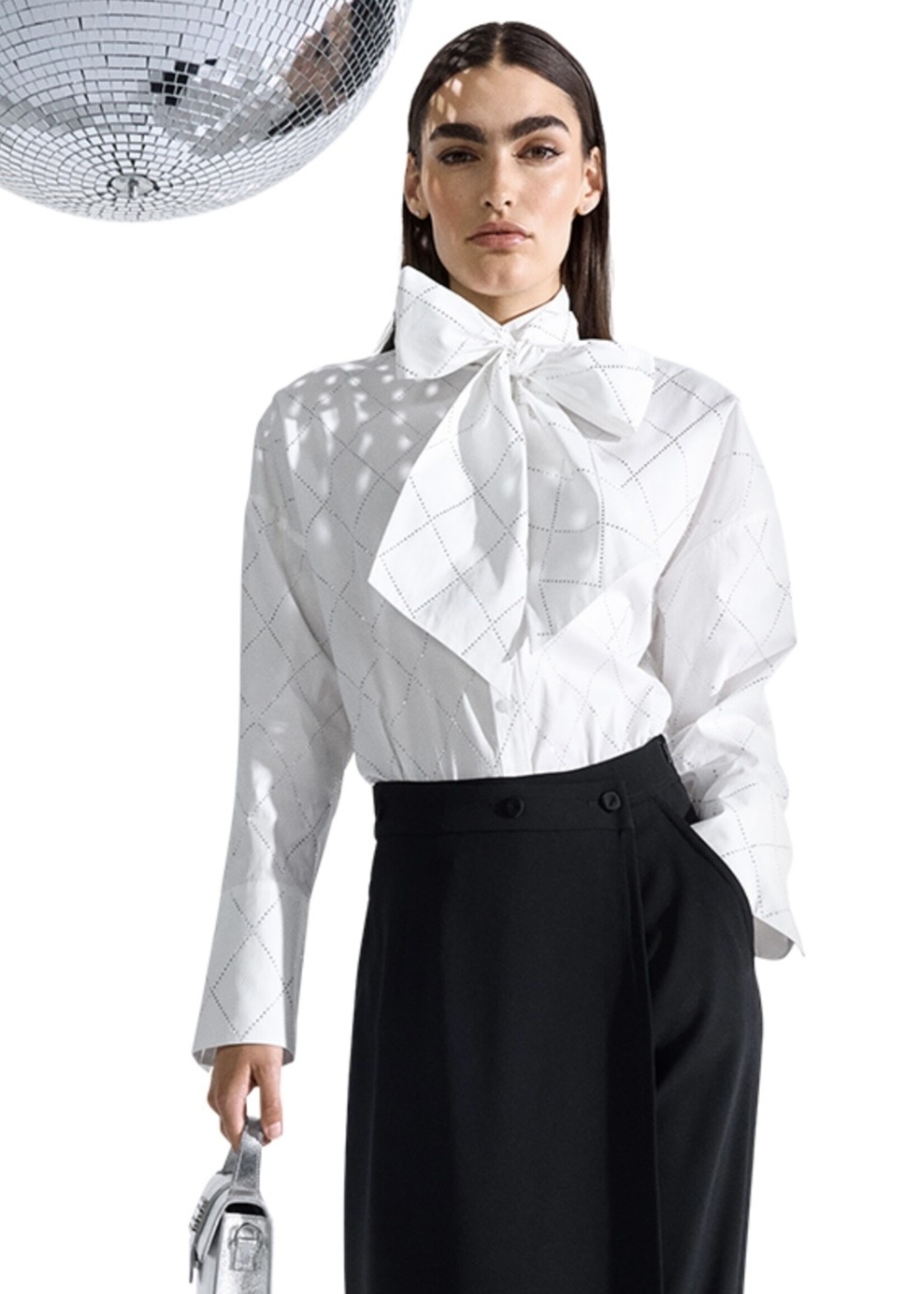 White Poplin Blouse With Ruffles and Rhinestones