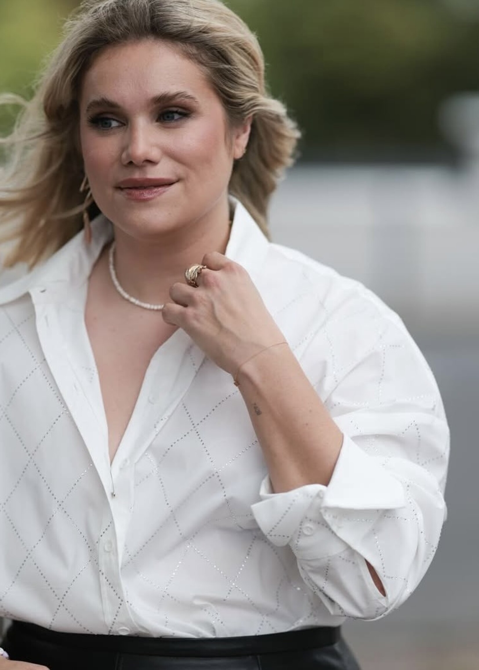 White Poplin Blouse With Ruffles and Rhinestones