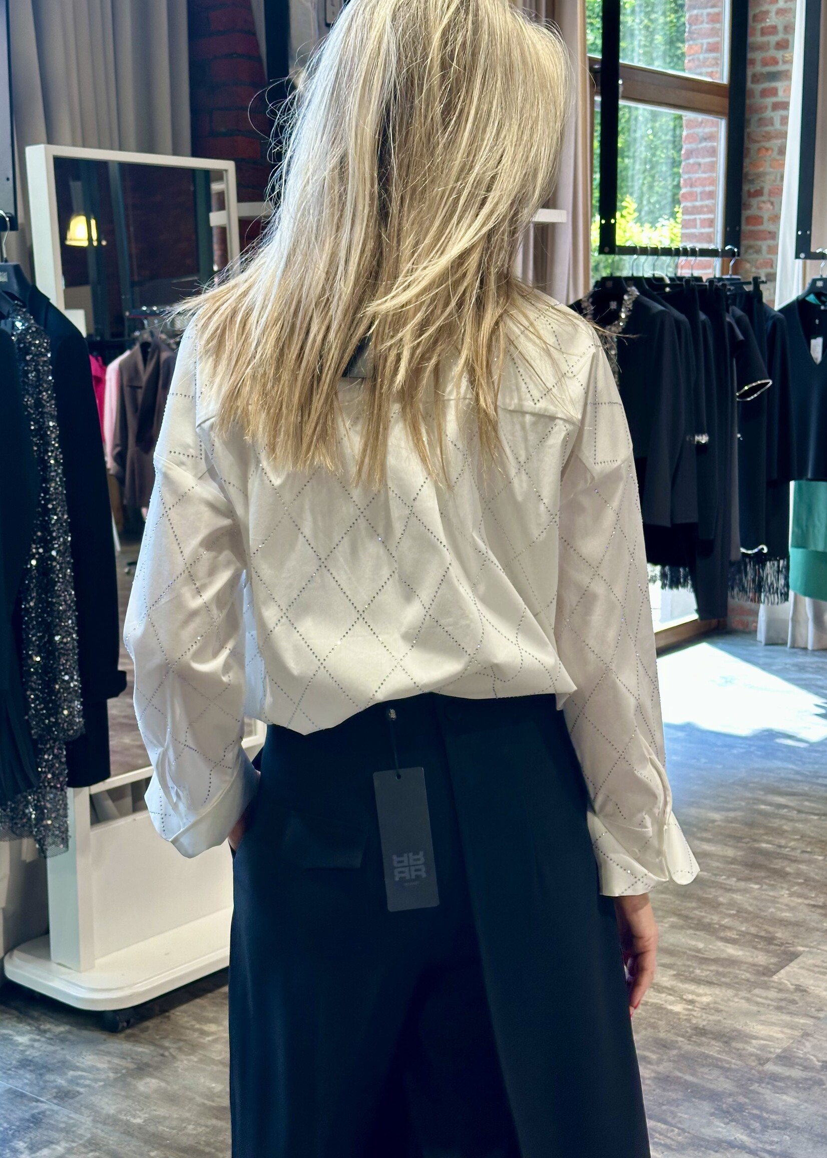 White Poplin Blouse With Ruffles and Rhinestones