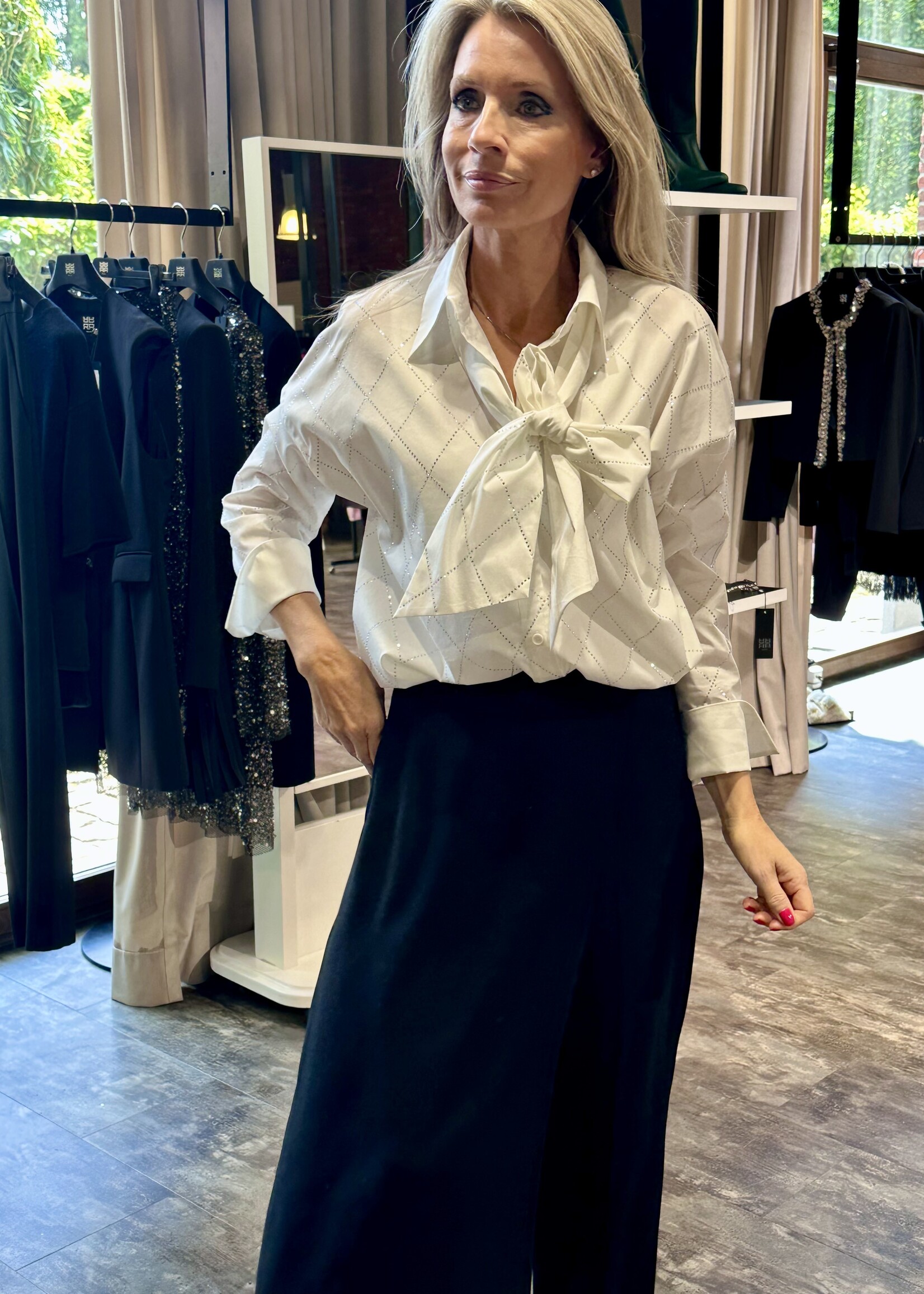 White Poplin Blouse With Ruffles and Rhinestones