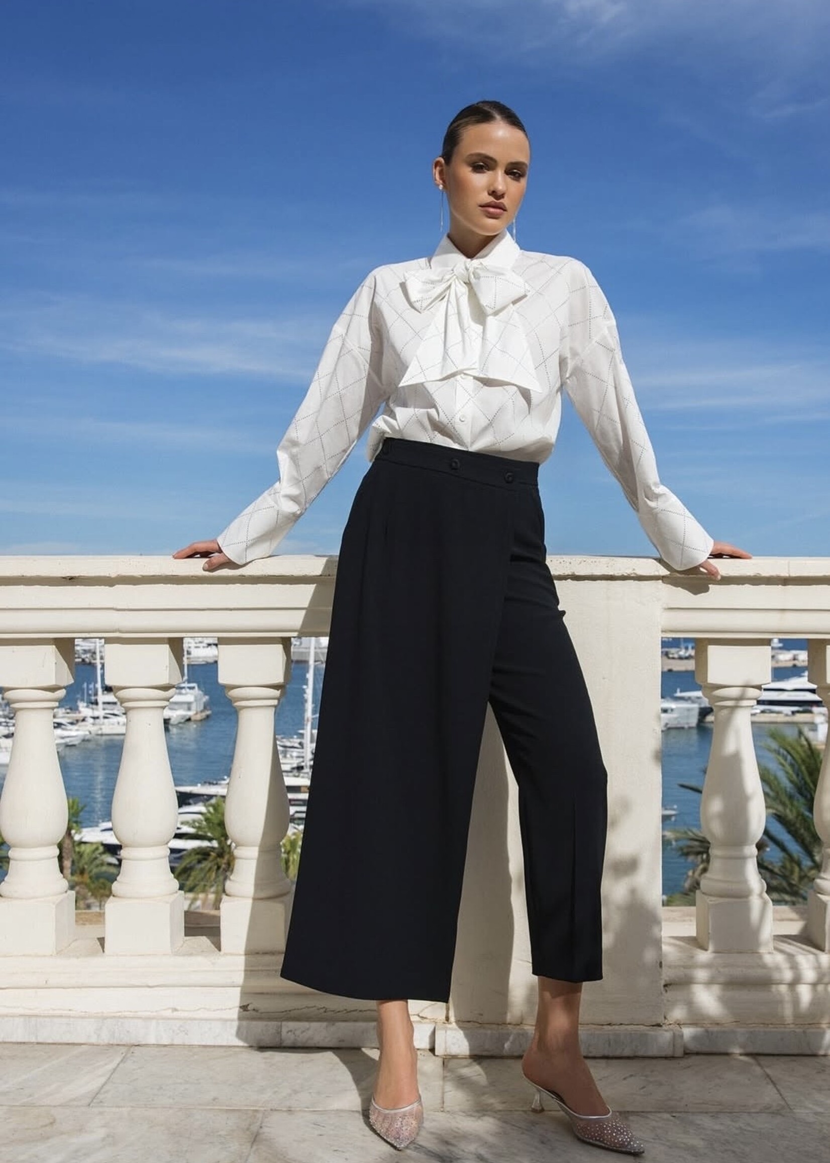 White Poplin Blouse With Ruffles and Rhinestones