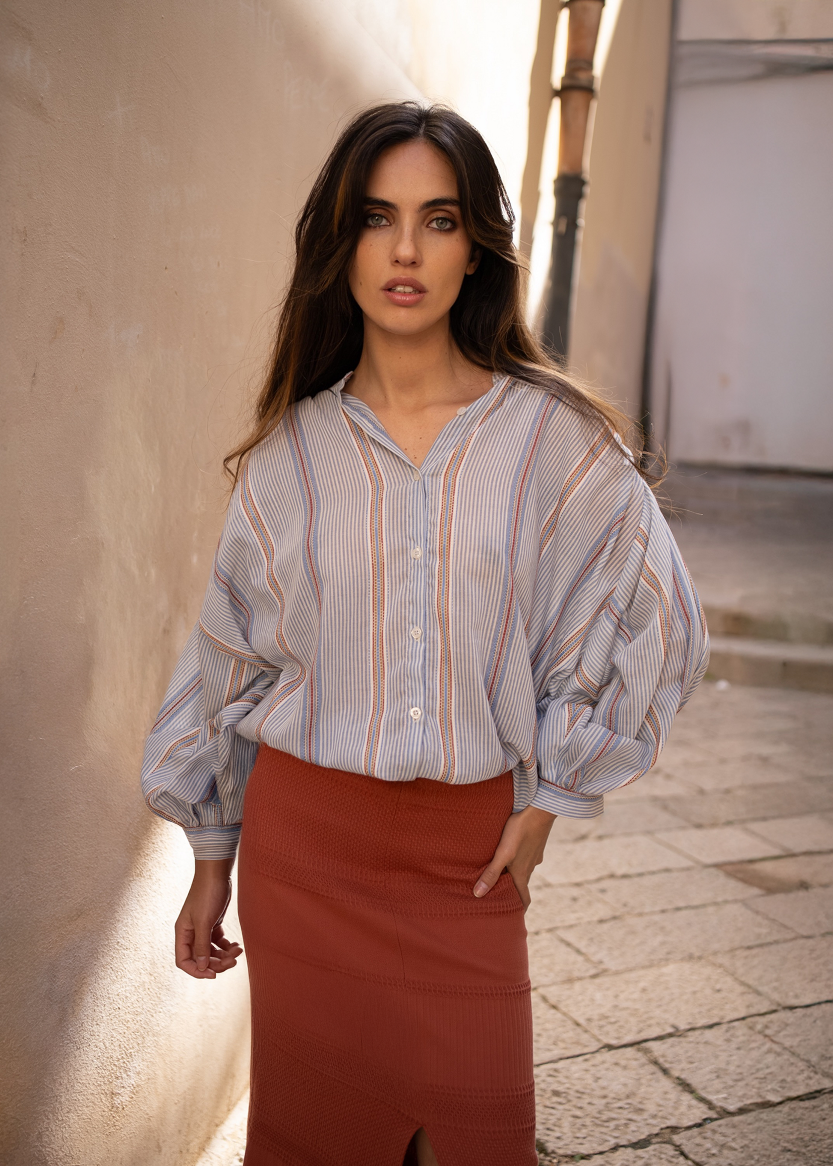 Blouse Rule N°65 Blouse Cotton Voile Stripes Denim Blue