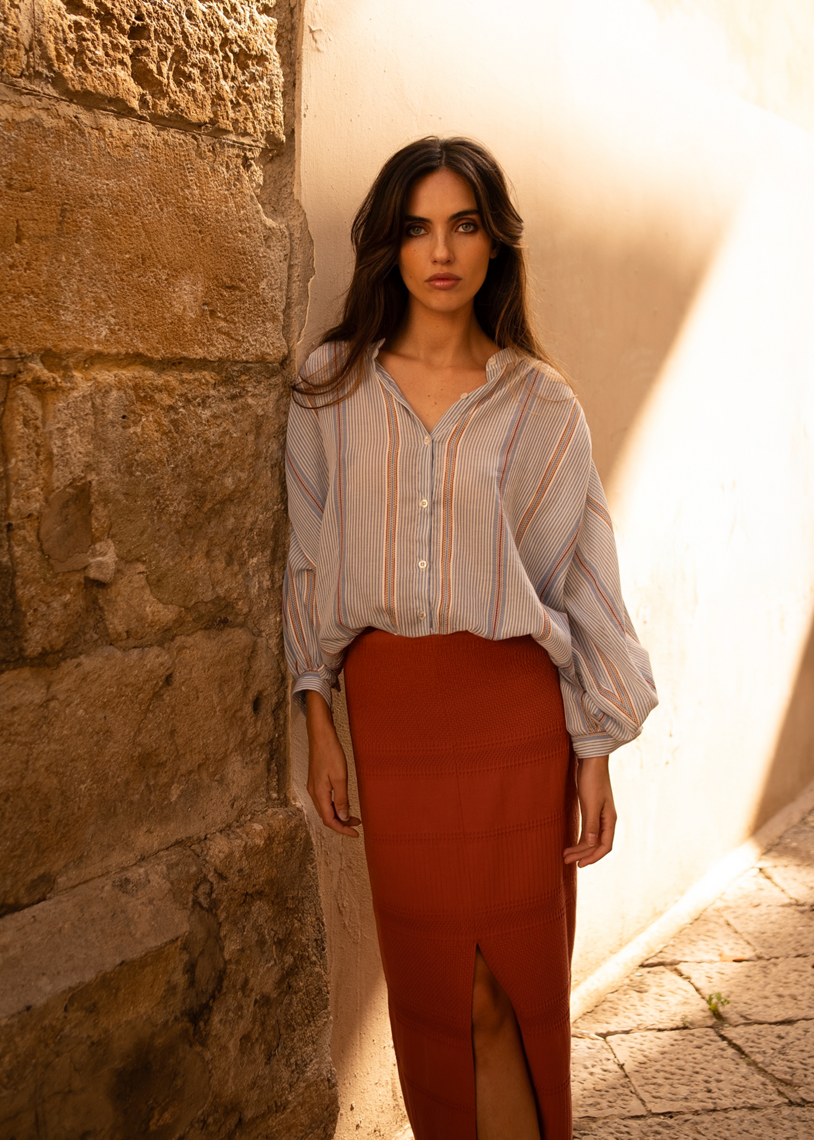 Blouse Rule N°65 Blouse Cotton Voile Stripes Denim Blue