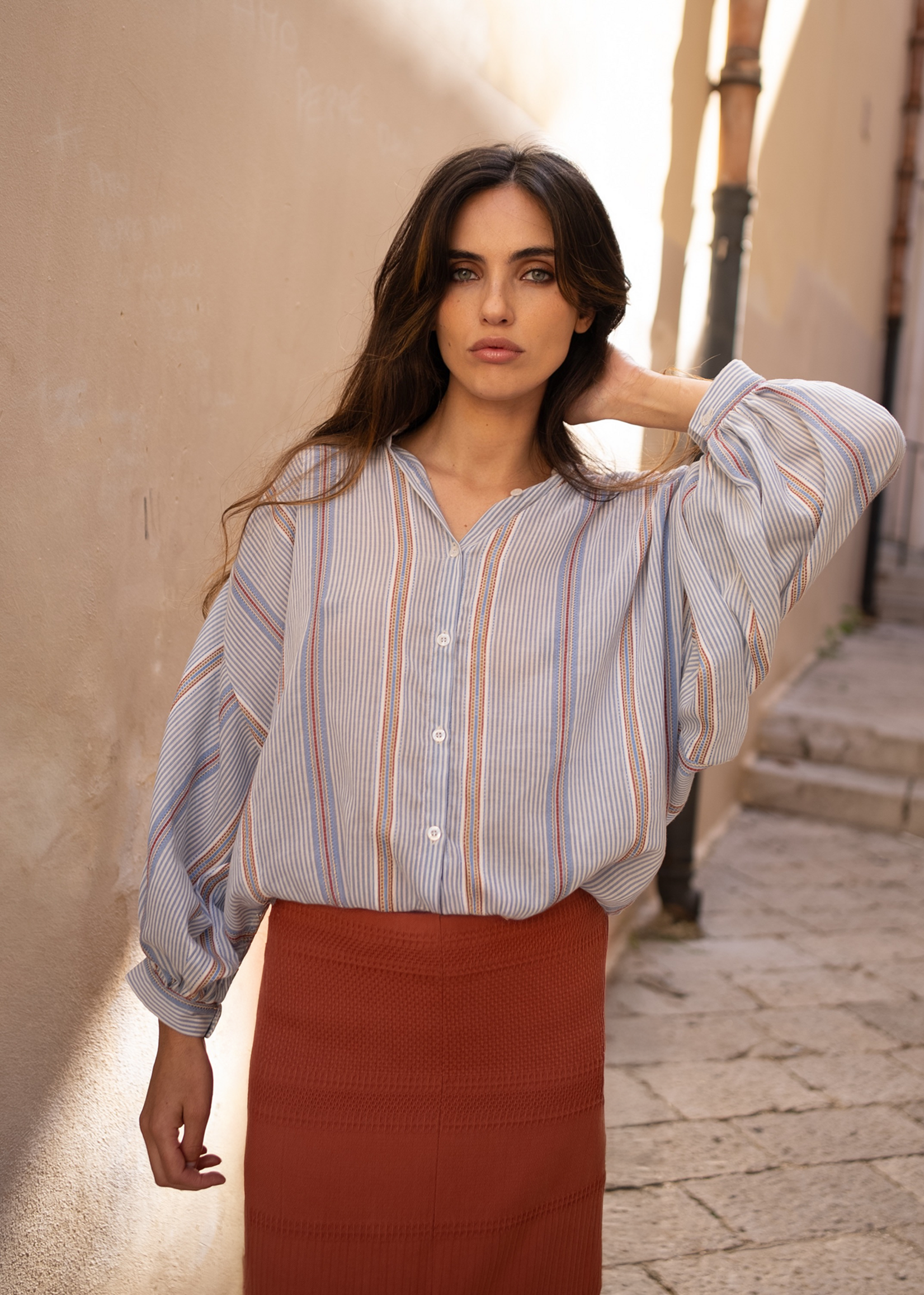 Blouse Rule N°65 Blouse Cotton Voile Stripes Denim Blue