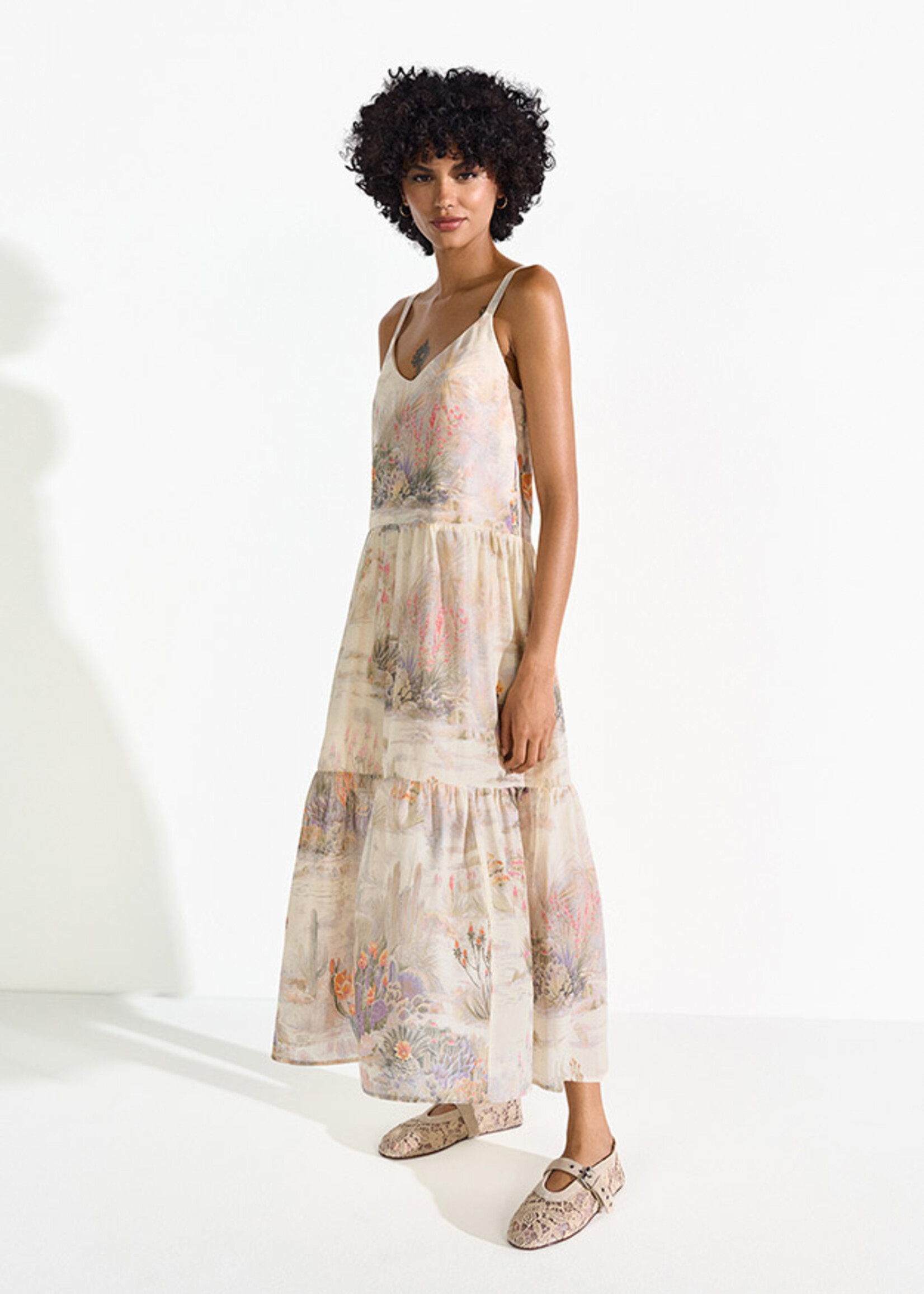 Maxi Dress With Cactus Print Straw Patterned