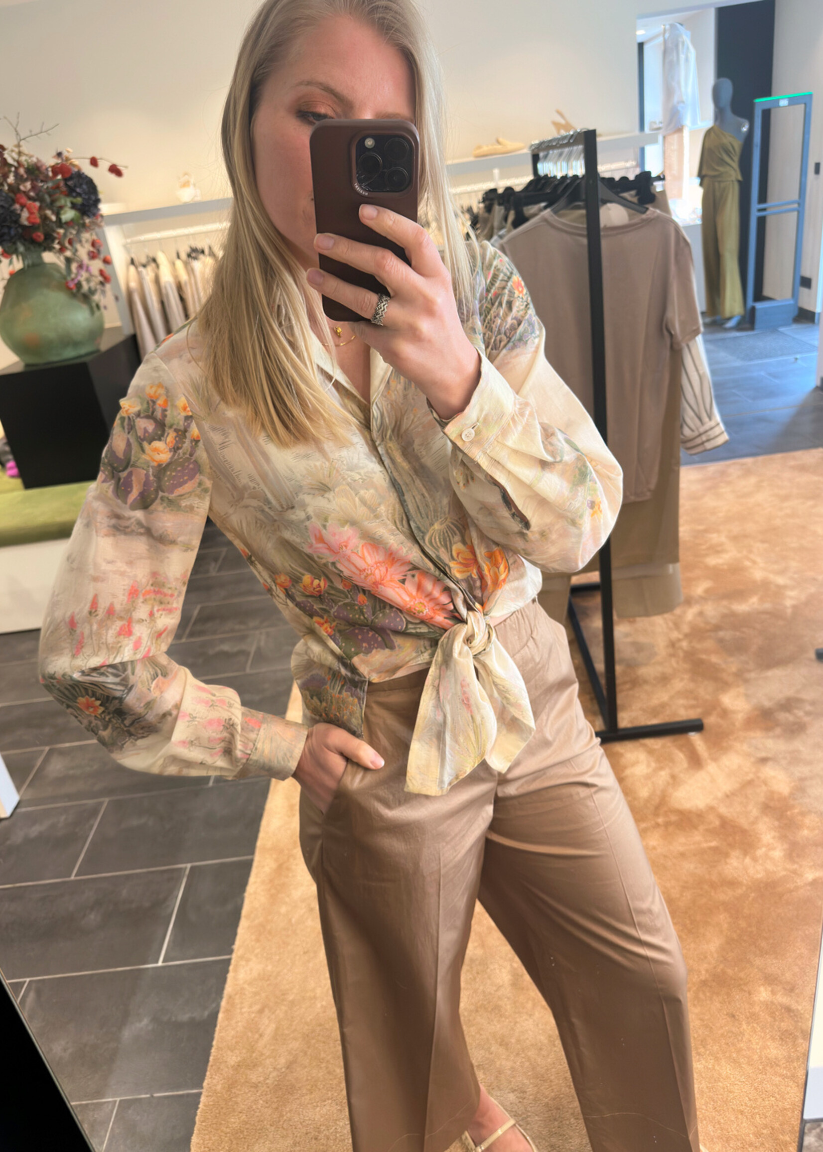 Blouse with Cactus Print Straw Patterned